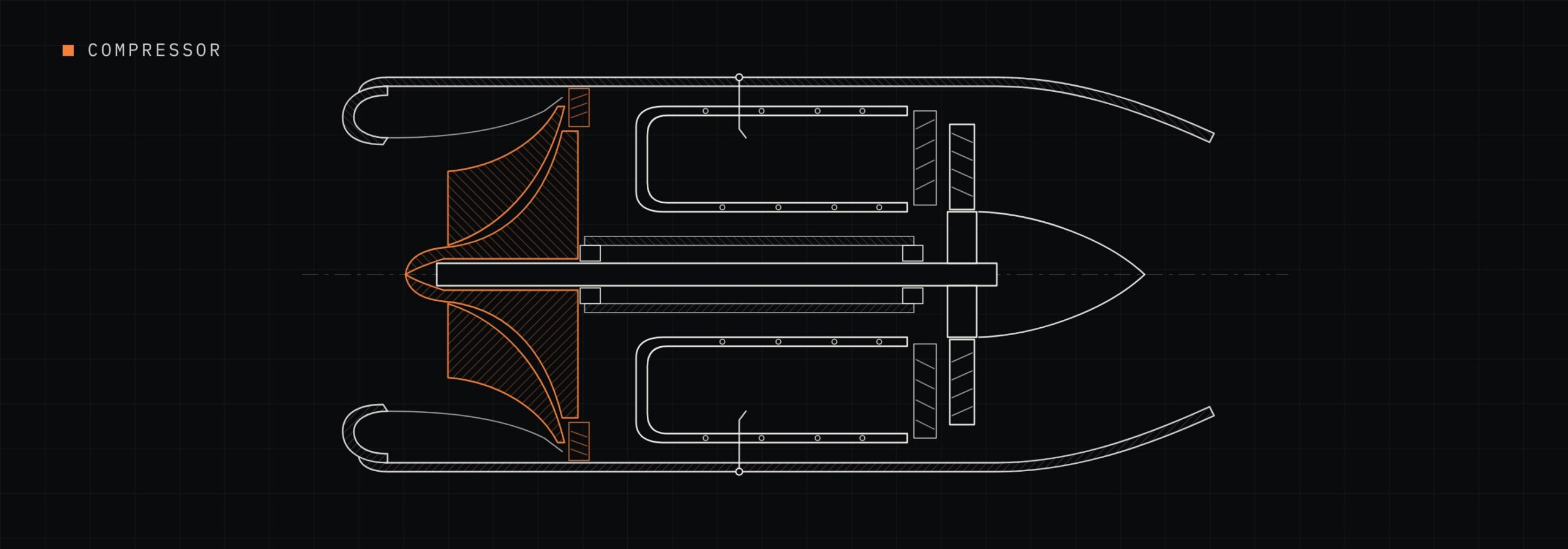 Cutaway drawing of a micro turbine with the compressor wheel and the fixed vanes around it picked out.