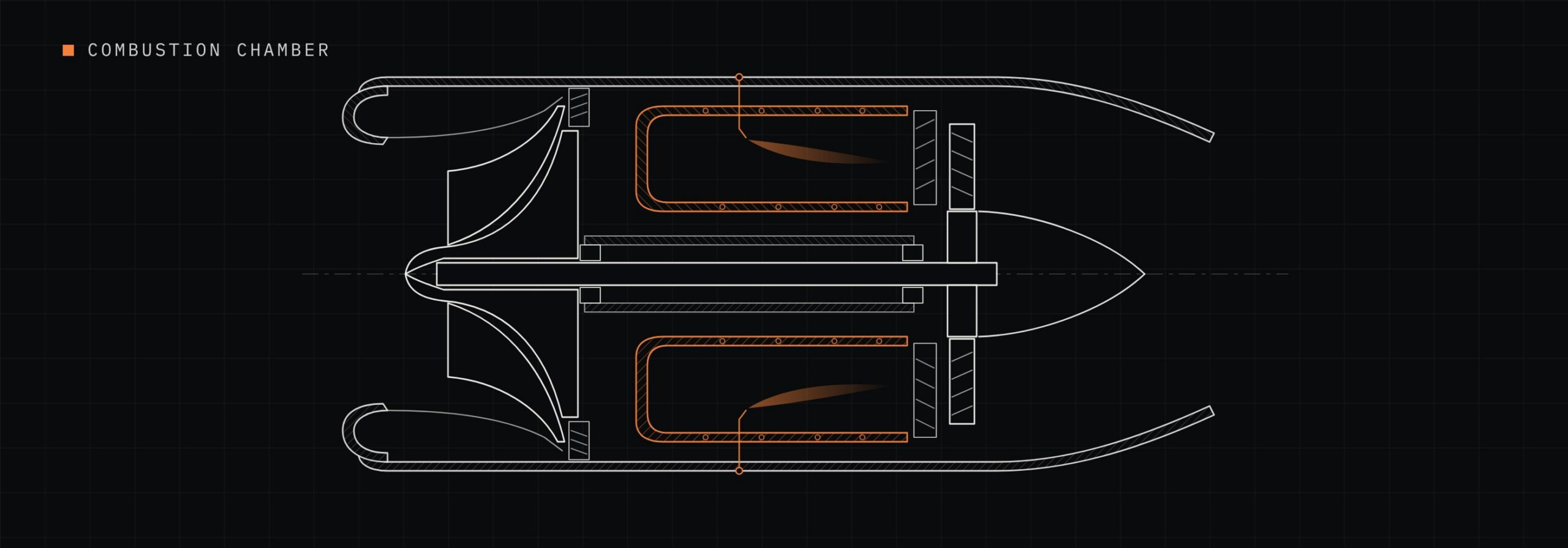 The same cutaway with the ring-shaped combustion chamber and its flame picked out, with fuel coming in through the outer casing.