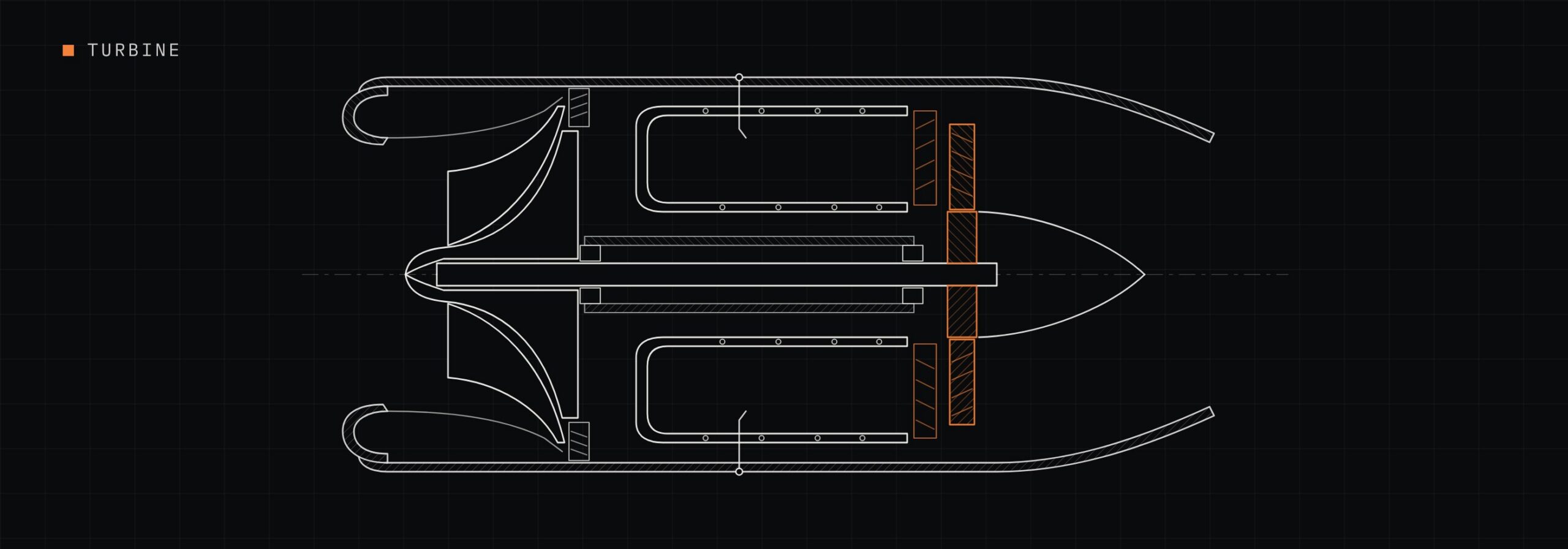 The same cutaway with the turbine wheel behind the combustion chamber picked out.