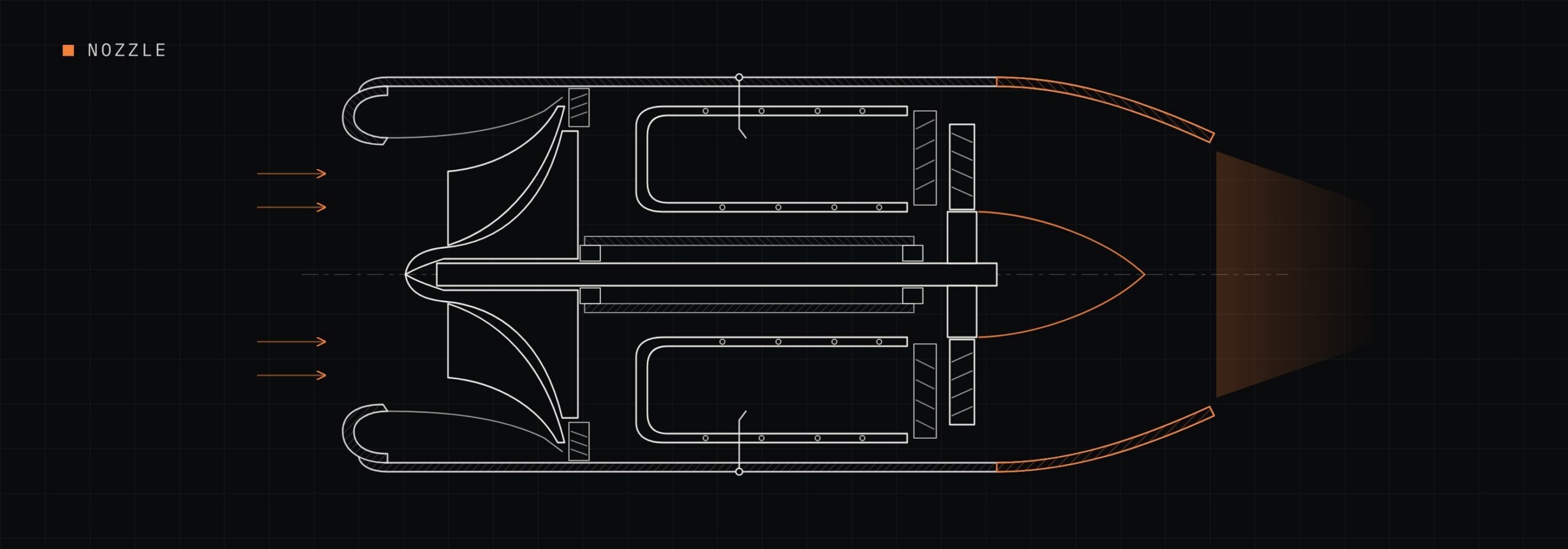 The same cutaway with the nozzle and the jet leaving the back picked out, with air coming in at the front and the jet leaving the back.