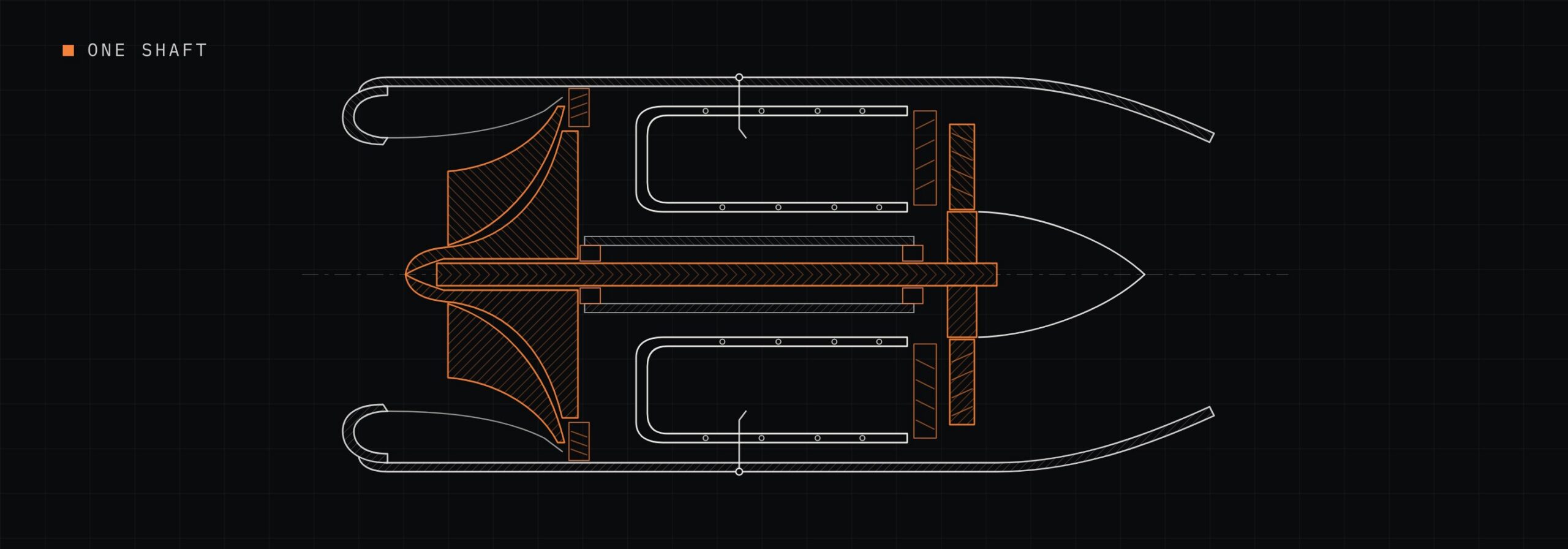 The same cutaway with the compressor, shaft and turbine picked out as one piece.